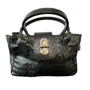 Unbranded Satchel Womens Small Black Croc Embossed Turn Lock Classic Handbag Y2K